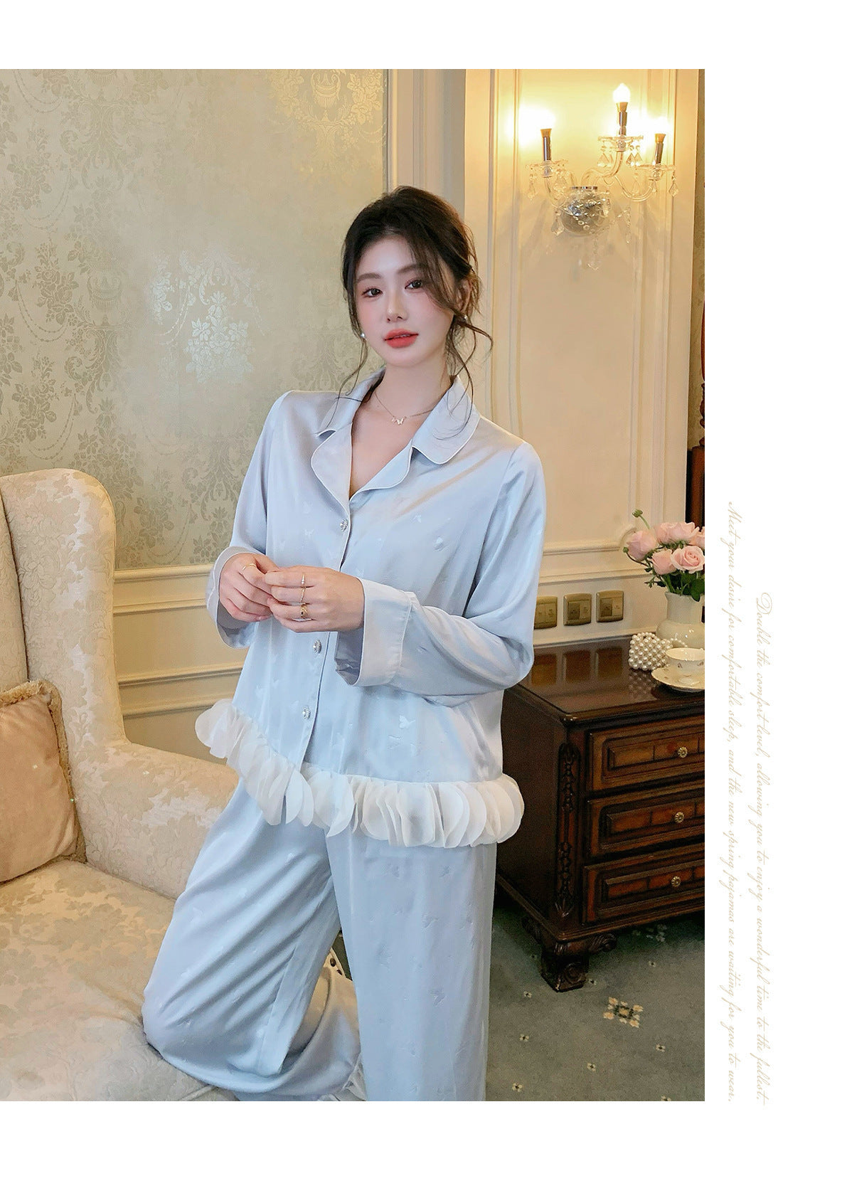Ensemble de pyjama jacquard en satin soyeux, nuisette avec dentelle pour femmes, pyjama boutonnée, vêtements de nuit casual pour la maison