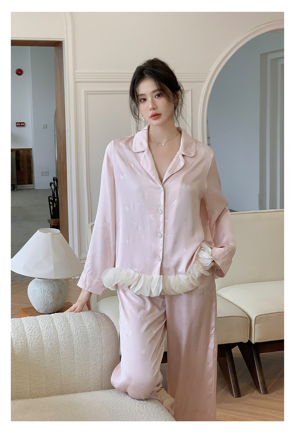 Ensemble de pyjama jacquard en satin soyeux, nuisette avec dentelle pour femmes, pyjama boutonnée, vêtements de nuit casual pour la maison