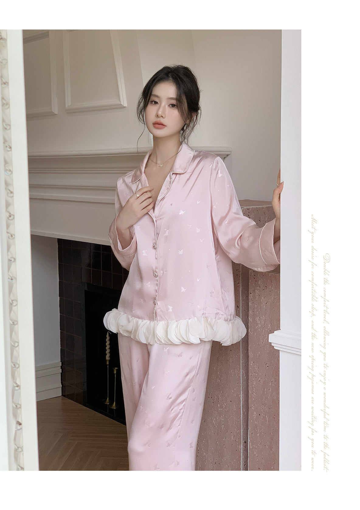 Ensemble de pyjama jacquard en satin soyeux, nuisette avec dentelle pour femmes, pyjama boutonnée, vêtements de nuit casual pour la maison