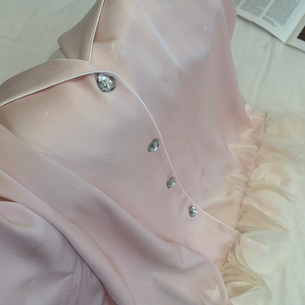 Ensemble de pyjama jacquard en satin soyeux, nuisette avec dentelle pour femmes, pyjama boutonnée, vêtements de nuit casual pour la maison