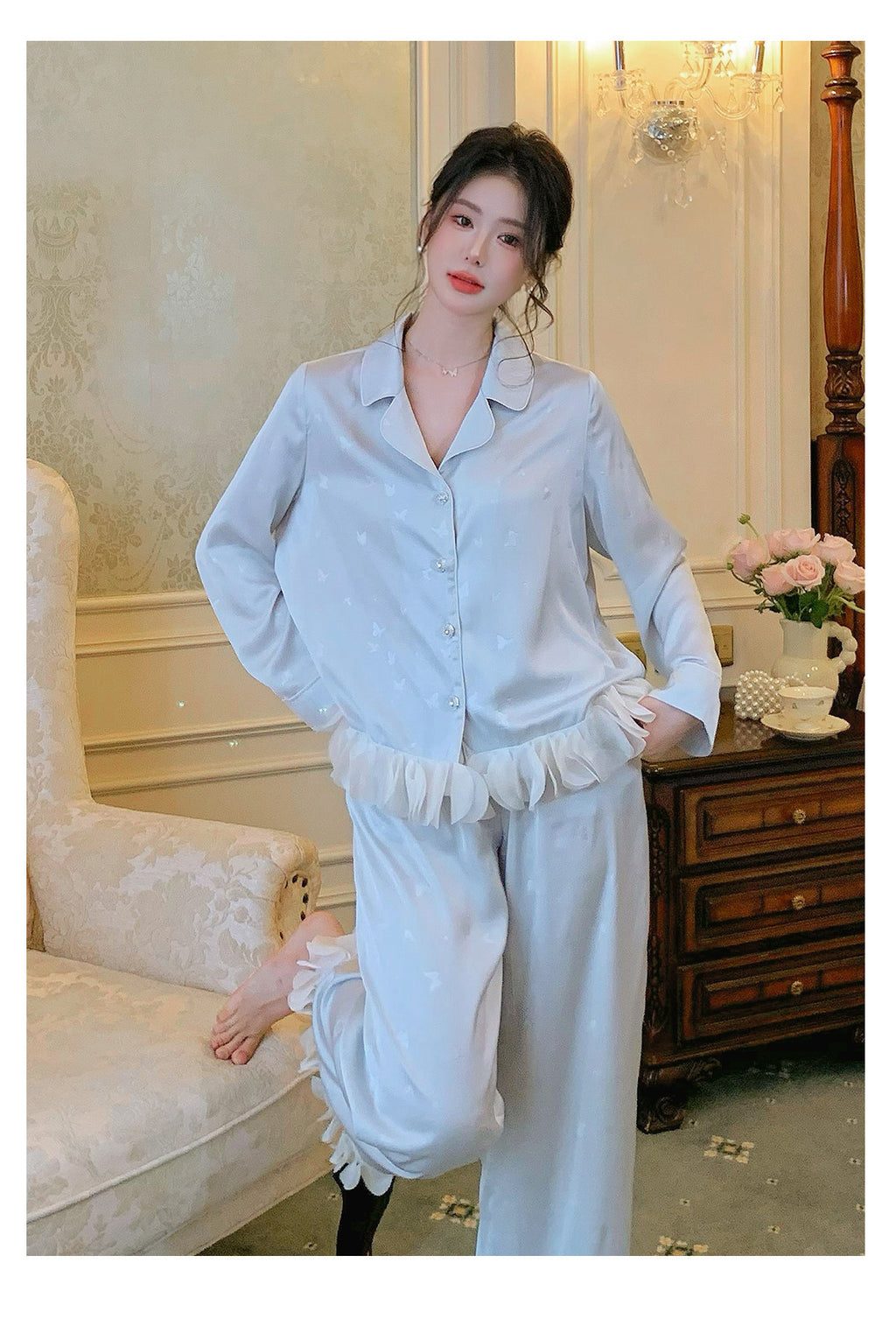 Ensemble de pyjama jacquard en satin soyeux, nuisette avec dentelle pour femmes, pyjama boutonnée, vêtements de nuit casual pour la maison