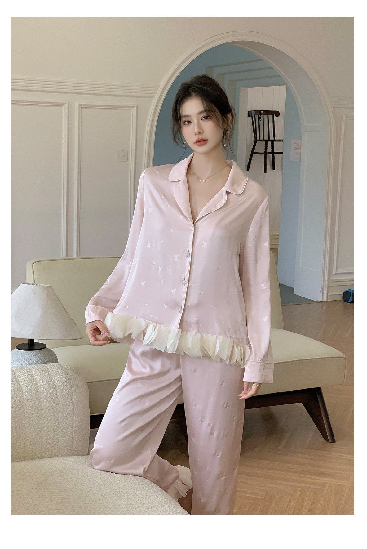 Ensemble de pyjama jacquard en satin soyeux, nuisette avec dentelle pour femmes, pyjama boutonnée, vêtements de nuit casual pour la maison