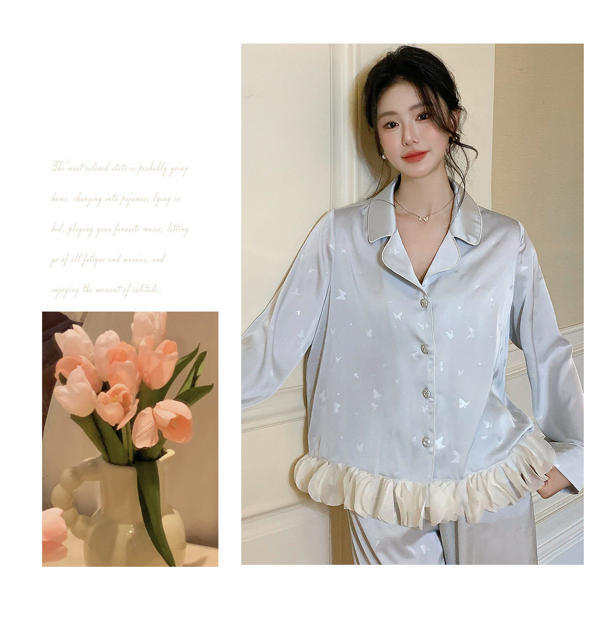 Ensemble de pyjama jacquard en satin soyeux, nuisette avec dentelle pour femmes, pyjama boutonnée, vêtements de nuit casual pour la maison