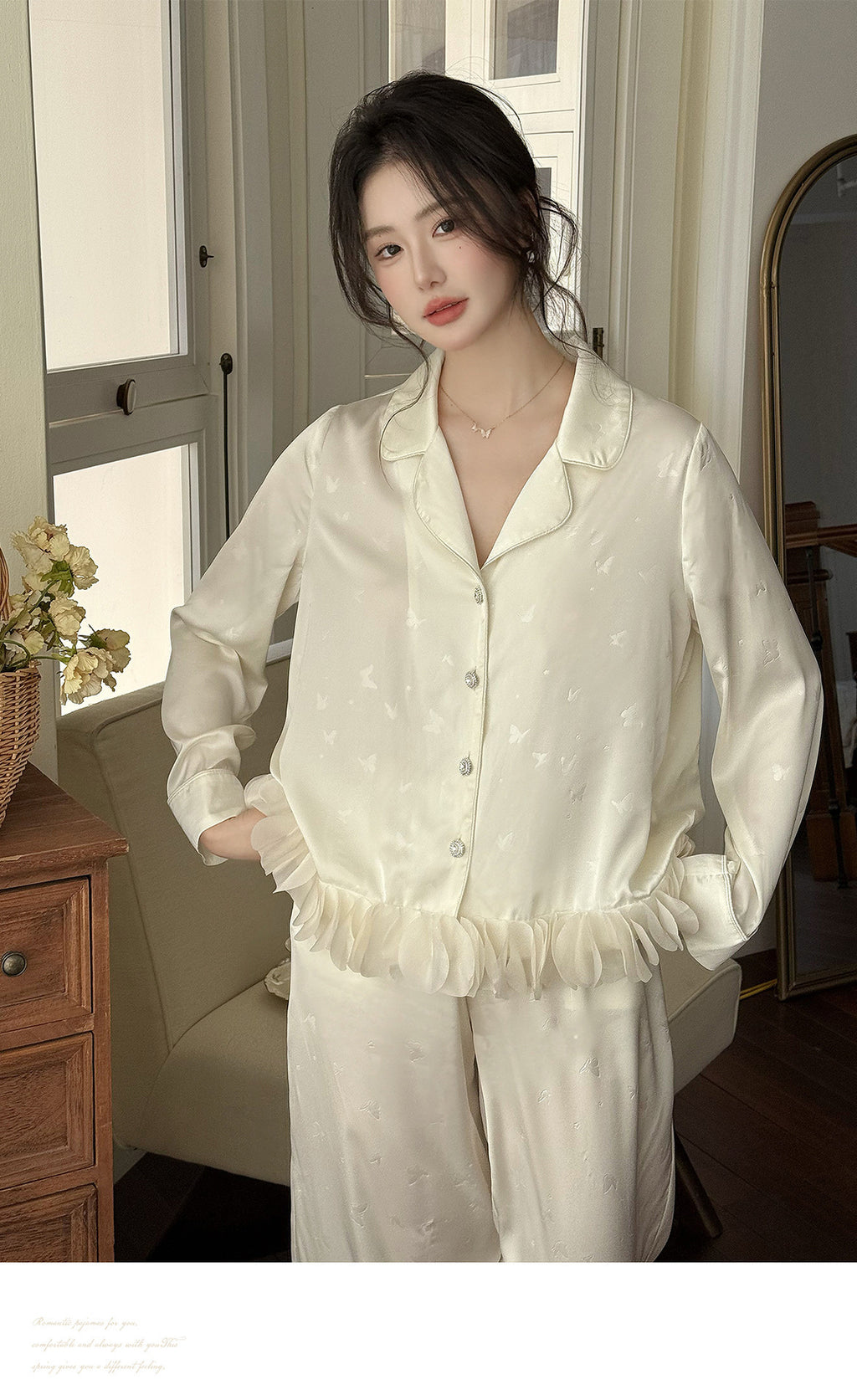 Ensemble de pyjama jacquard en satin soyeux, nuisette avec dentelle pour femmes, pyjama boutonnée, vêtements de nuit casual pour la maison