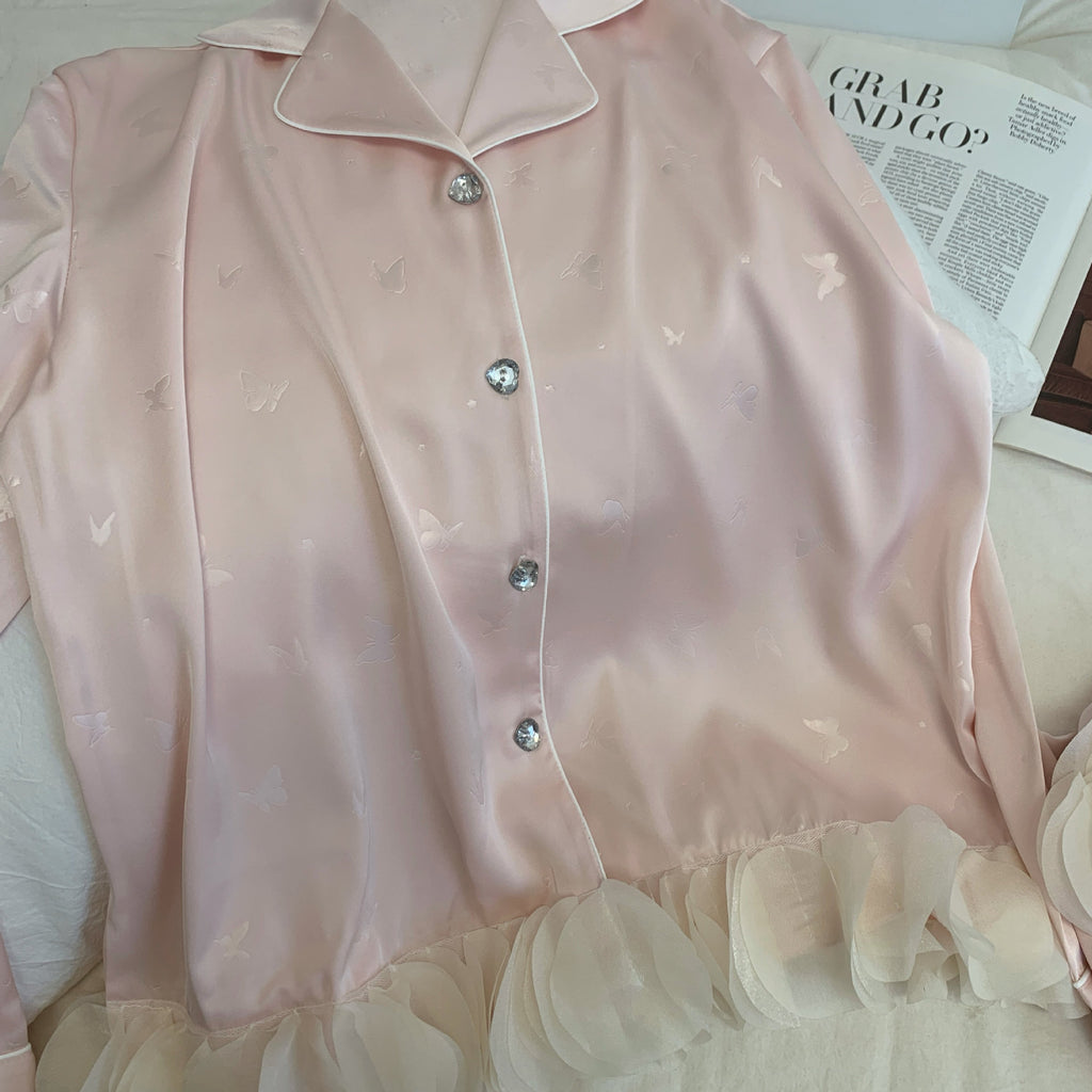 Ensemble de pyjama jacquard en satin soyeux, nuisette avec dentelle pour femmes, pyjama boutonnée, vêtements de nuit casual pour la maison