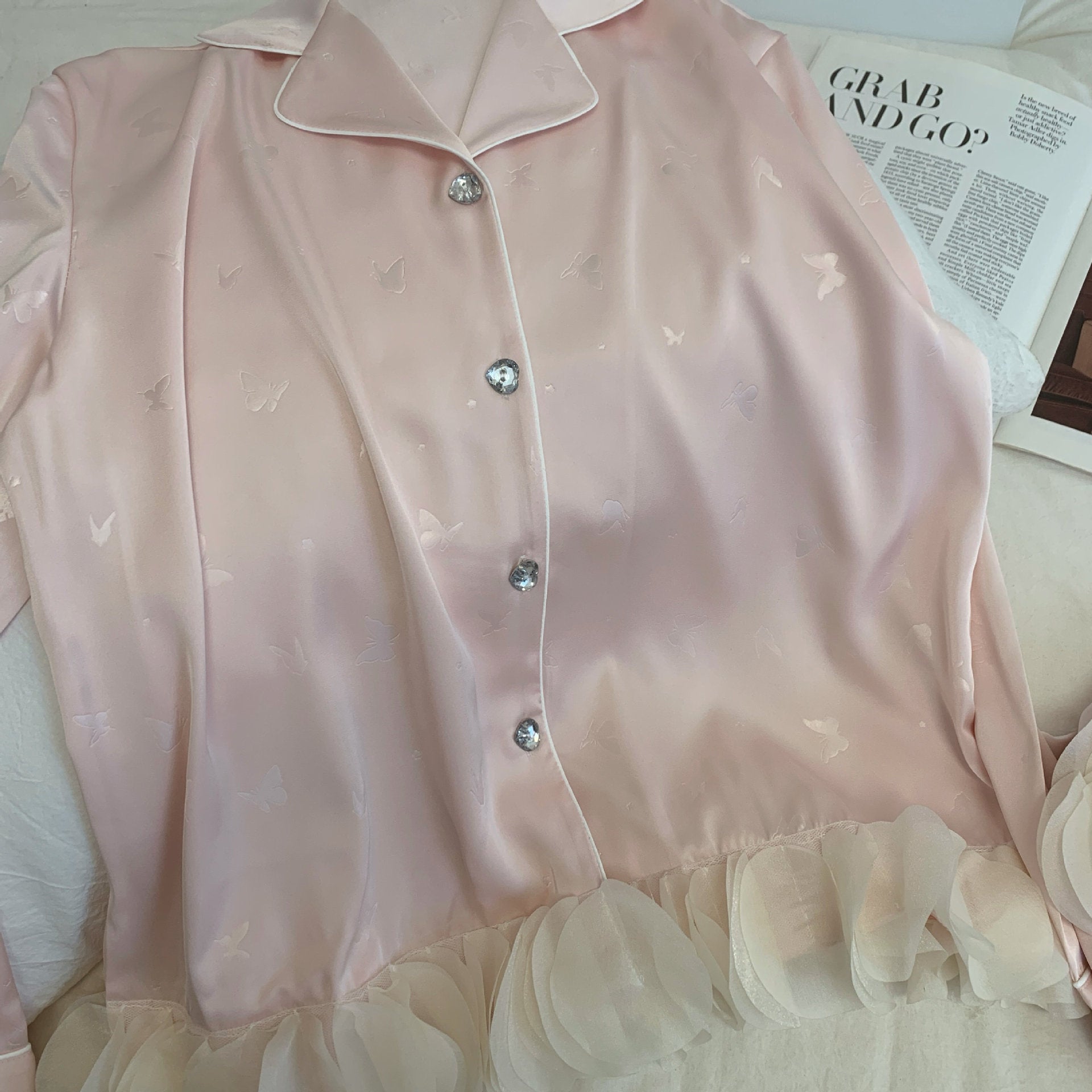 Ensemble de pyjama jacquard en satin soyeux, nuisette avec dentelle pour femmes, pyjama boutonnée, vêtements de nuit casual pour la maison