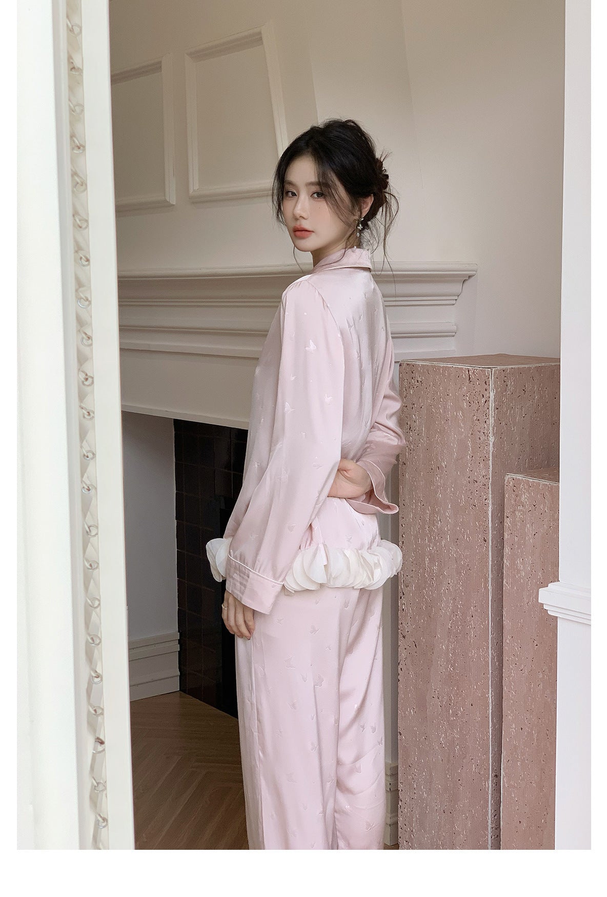 Ensemble de pyjama jacquard en satin soyeux, nuisette avec dentelle pour femmes, pyjama boutonnée, vêtements de nuit casual pour la maison