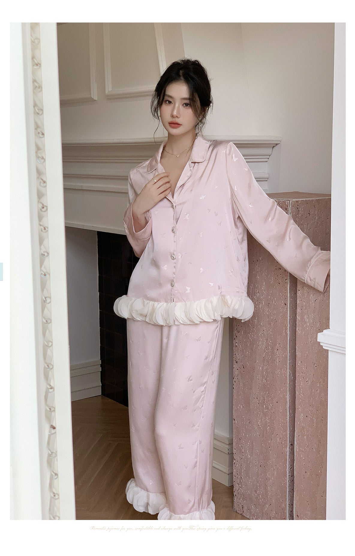 Ensemble de pyjama jacquard en satin soyeux, nuisette avec dentelle pour femmes, pyjama boutonnée, vêtements de nuit casual pour la maison