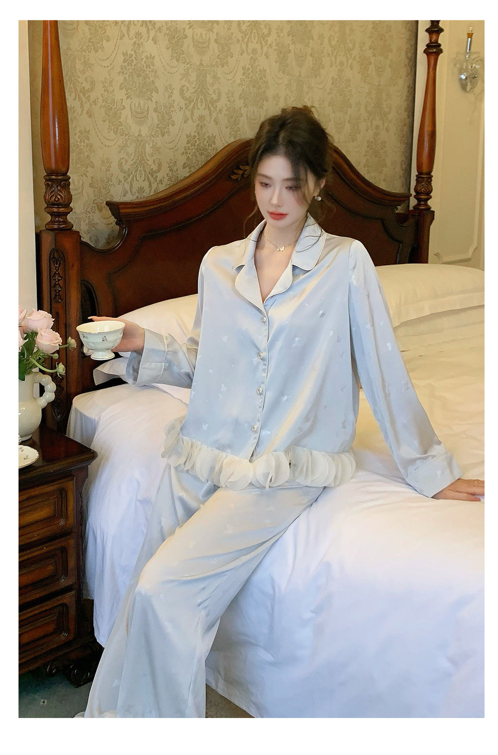 Ensemble de pyjama jacquard en satin soyeux, nuisette avec dentelle pour femmes, pyjama boutonnée, vêtements de nuit casual pour la maison
