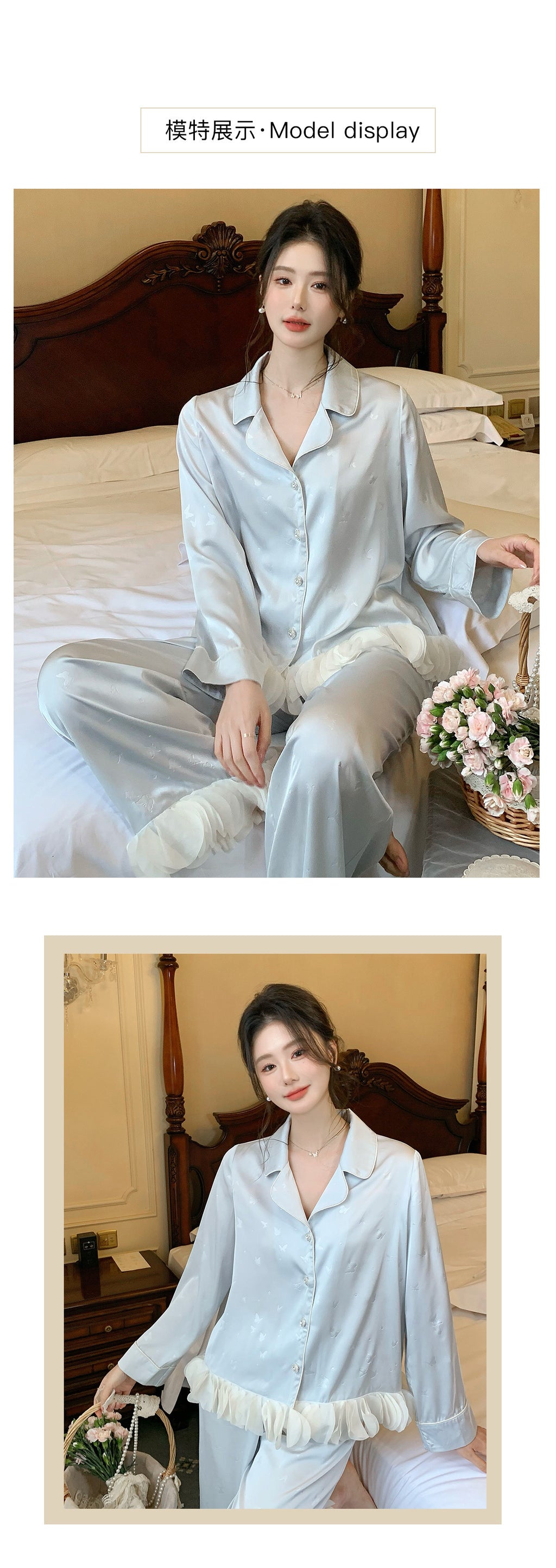 Ensemble de pyjama jacquard en satin soyeux, nuisette avec dentelle pour femmes, pyjama boutonnée, vêtements de nuit casual pour la maison