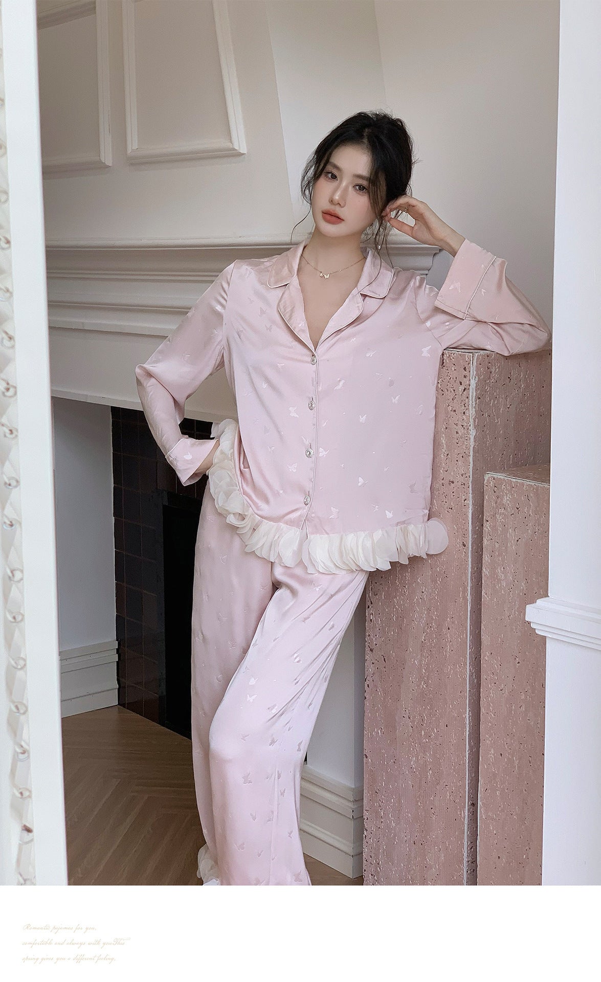 Ensemble de pyjama jacquard en satin soyeux, nuisette avec dentelle pour femmes, pyjama boutonnée, vêtements de nuit casual pour la maison