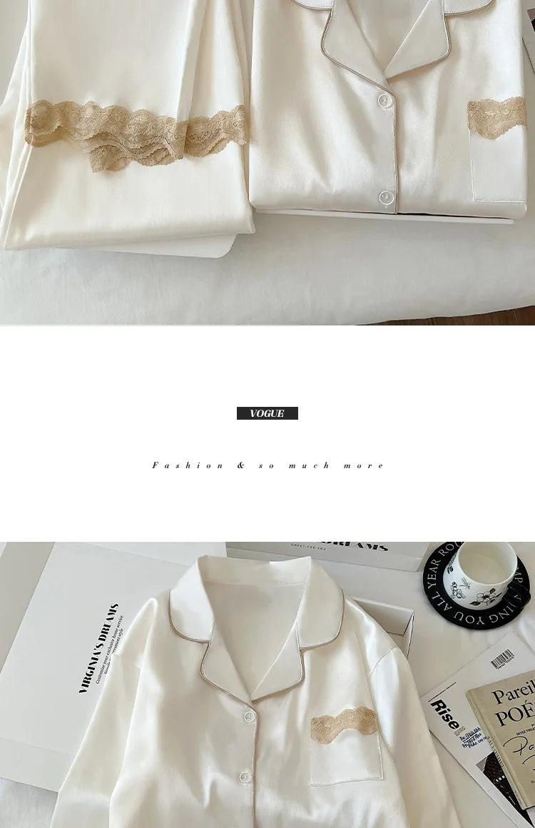 Ensemble de nuisette en glace de soie pour femmes printemps/automne, bordure en dentelle luxueuse, manches longues, léger pour vêtements de maison, photos du produit réel.

Sources