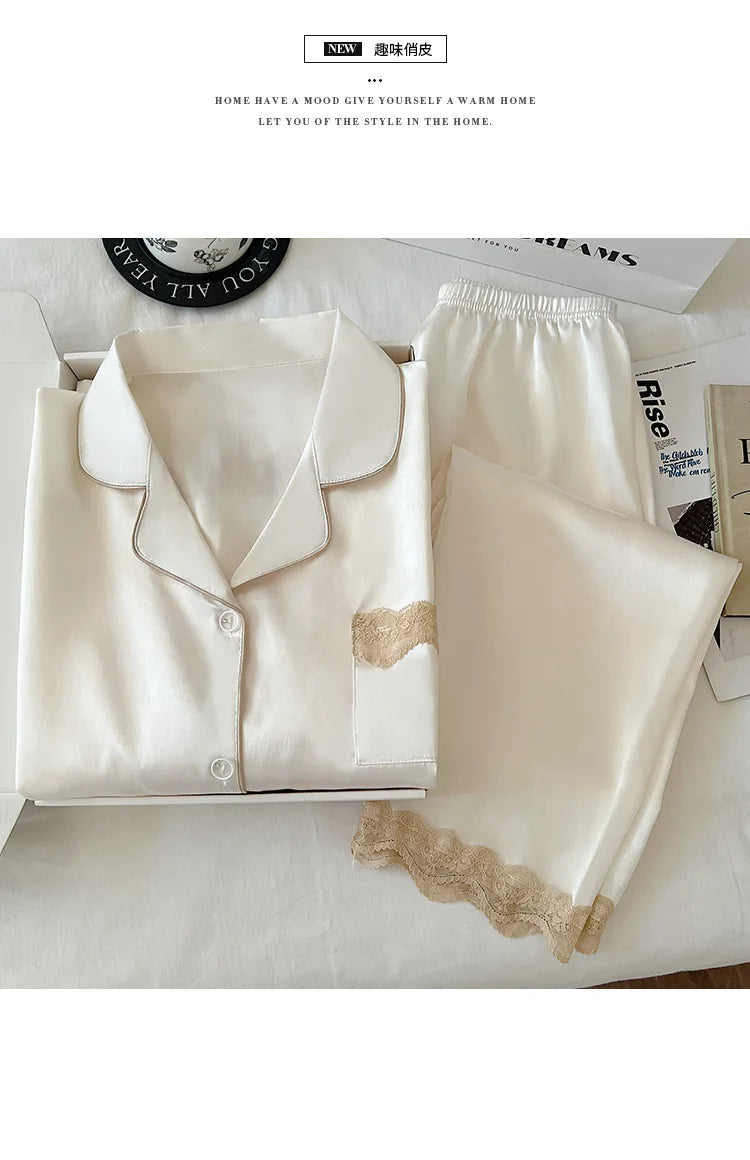 Ensemble de nuisette en glace de soie pour femmes printemps/automne, bordure en dentelle luxueuse, manches longues, léger pour vêtements de maison, photos du produit réel.

Sources