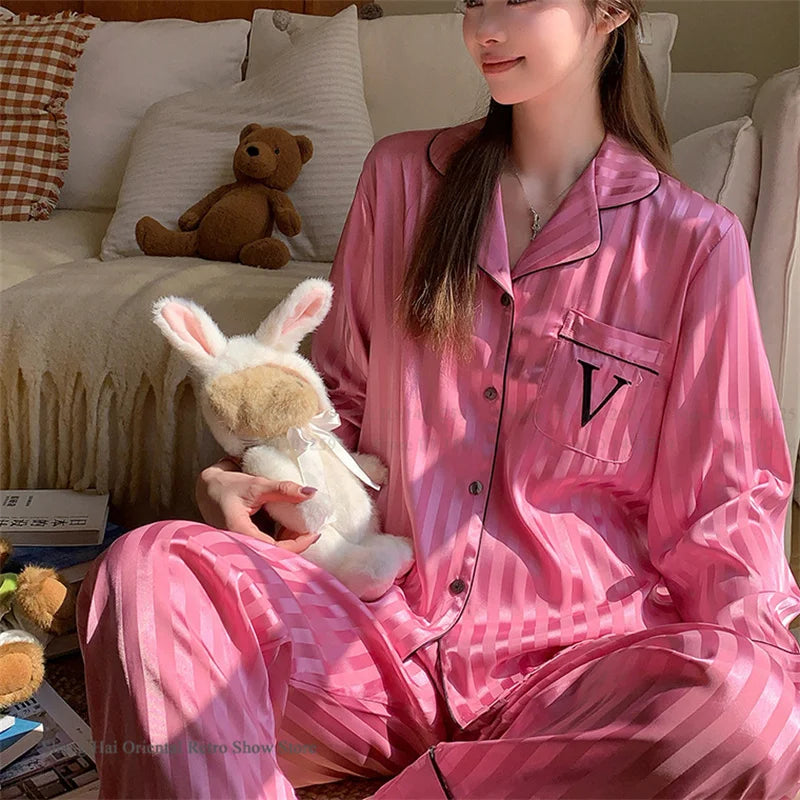 Ensemble de pyjama jacquard en satin soyeux, nuisette avec dentelle pour femmes, pyjama boutonnée, vêtements de nuit casual pour la maison