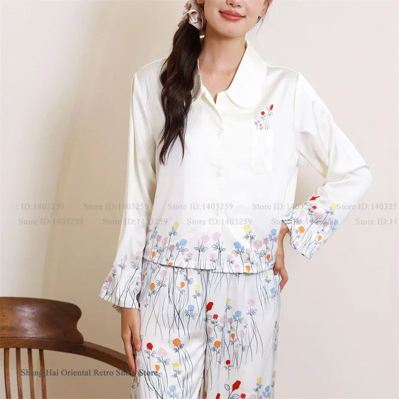 Ensemble de pyjama jacquard en satin soyeux, nuisette avec dentelle pour femmes, pyjama boutonnée, vêtements de nuit casual pour la maison