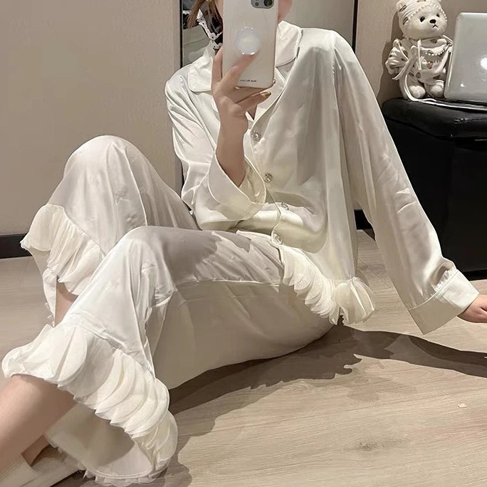 Ensemble de pyjama jacquard en satin soyeux, nuisette avec dentelle pour femmes, pyjama boutonnée, vêtements de nuit casual pour la maison