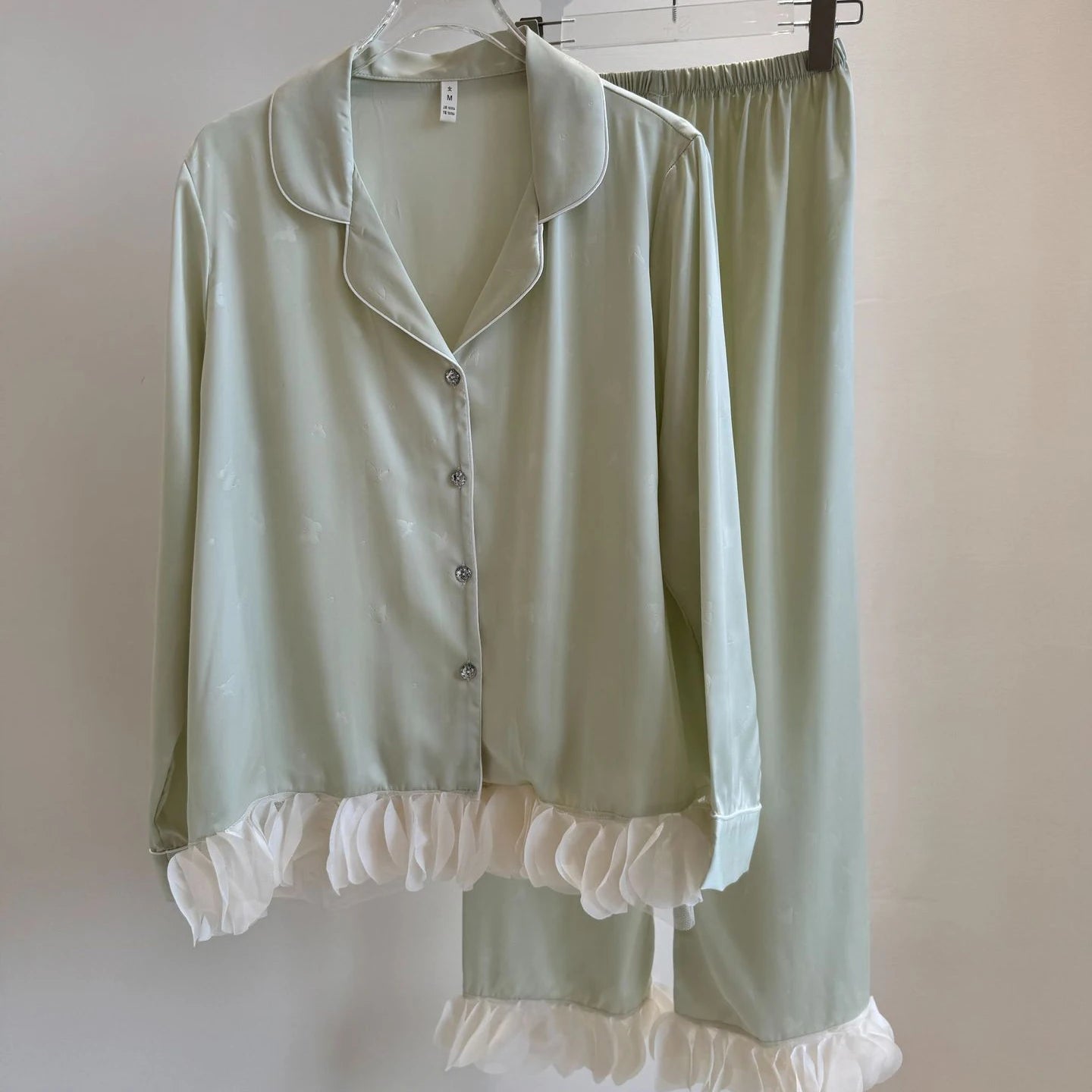 Ensemble de pyjama jacquard en satin soyeux, nuisette avec dentelle pour femmes, pyjama boutonnée, vêtements de nuit casual pour la maison