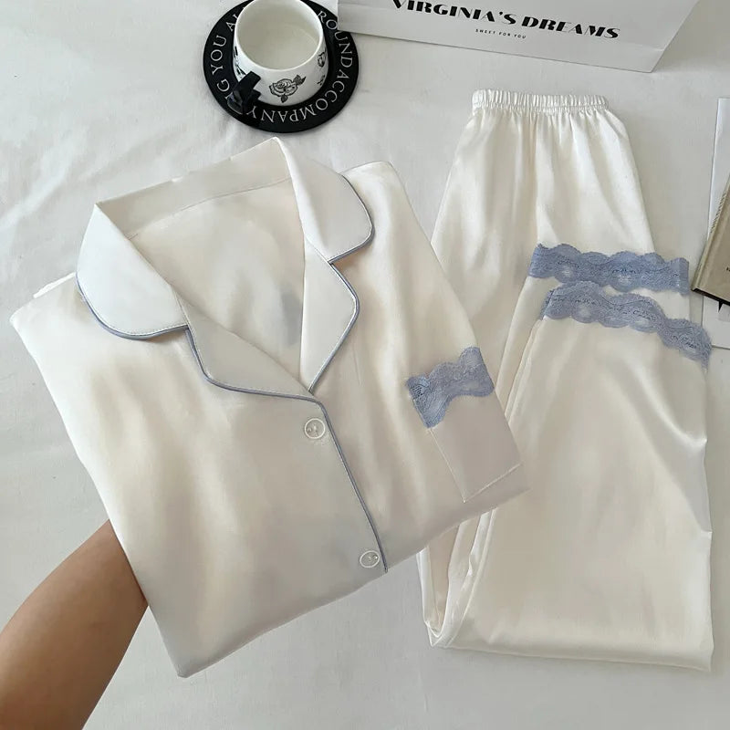 Ensemble de nuisette en glace de soie pour femmes printemps/automne, bordure en dentelle luxueuse, manches longues, léger pour vêtements de maison, photos du produit réel.

Sources