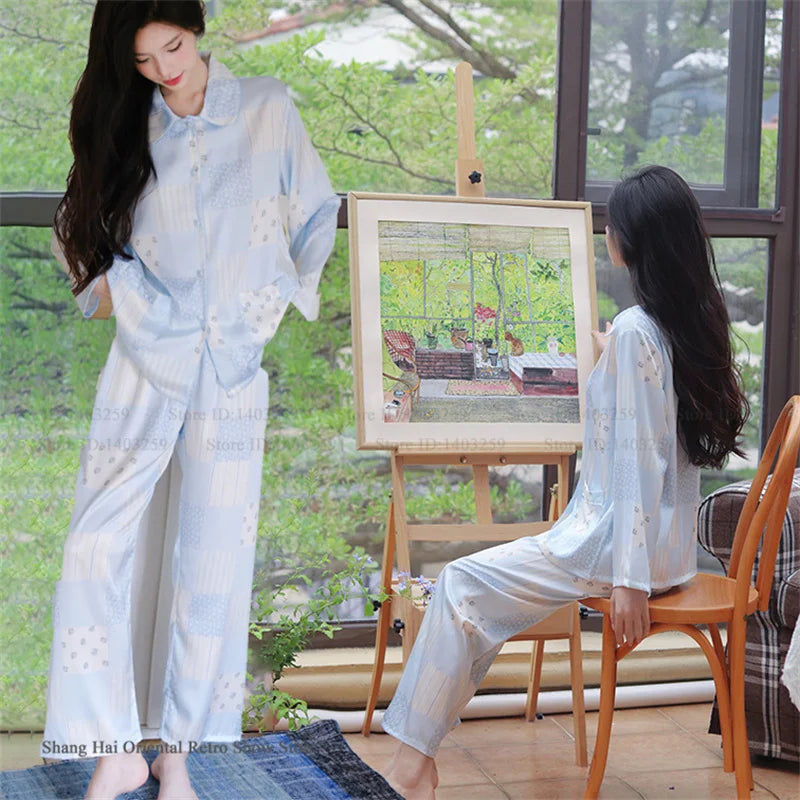 Ensemble de pyjama jacquard en satin soyeux, nuisette avec dentelle pour femmes, pyjama boutonnée, vêtements de nuit casual pour la maison