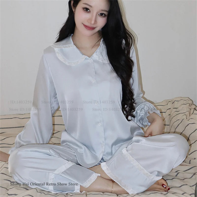 Ensemble de pyjama jacquard en satin soyeux, nuisette avec dentelle pour femmes, pyjama boutonnée, vêtements de nuit casual pour la maison