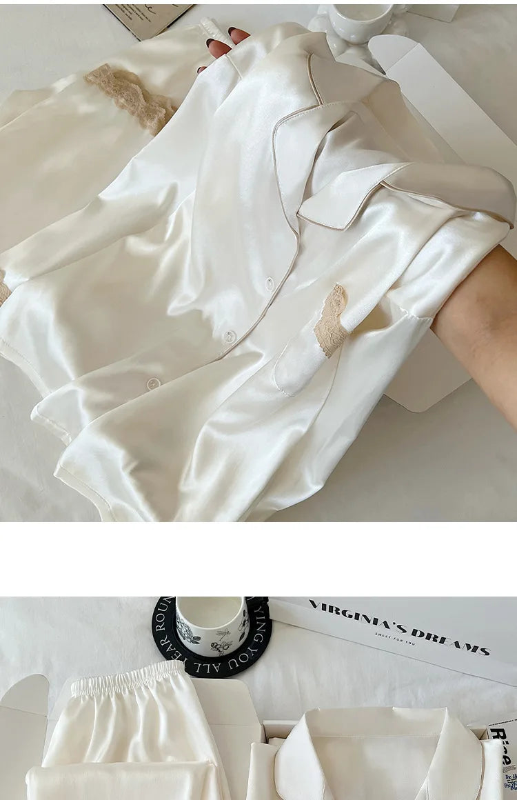 Ensemble de nuisette en glace de soie pour femmes printemps/automne, bordure en dentelle luxueuse, manches longues, léger pour vêtements de maison, photos du produit réel.

Sources