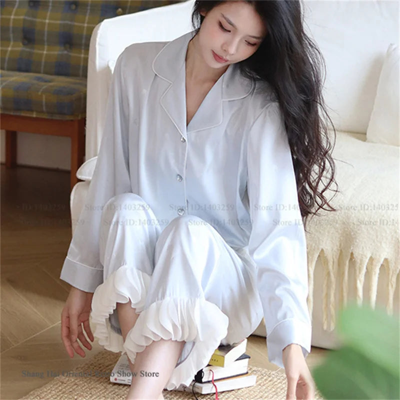 Ensemble de pyjama jacquard en satin soyeux, nuisette avec dentelle pour femmes, pyjama boutonnée, vêtements de nuit casual pour la maison