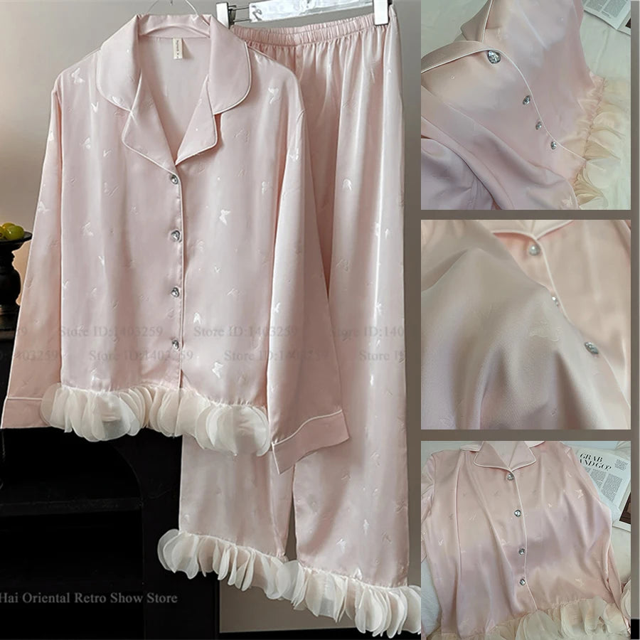 Ensemble de pyjama jacquard en satin soyeux, nuisette avec dentelle pour femmes, pyjama boutonnée, vêtements de nuit casual pour la maison