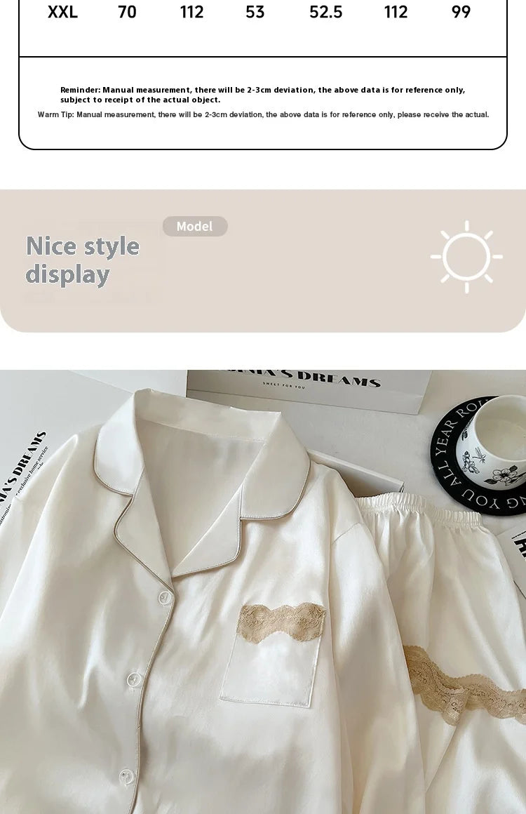 Ensemble de nuisette en glace de soie pour femmes printemps/automne, bordure en dentelle luxueuse, manches longues, léger pour vêtements de maison, photos du produit réel.

Sources