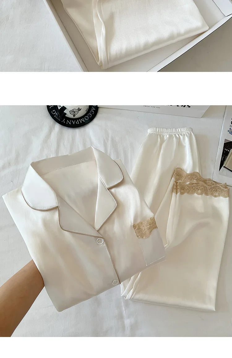 Ensemble de nuisette en glace de soie pour femmes printemps/automne, bordure en dentelle luxueuse, manches longues, léger pour vêtements de maison, photos du produit réel.

Sources