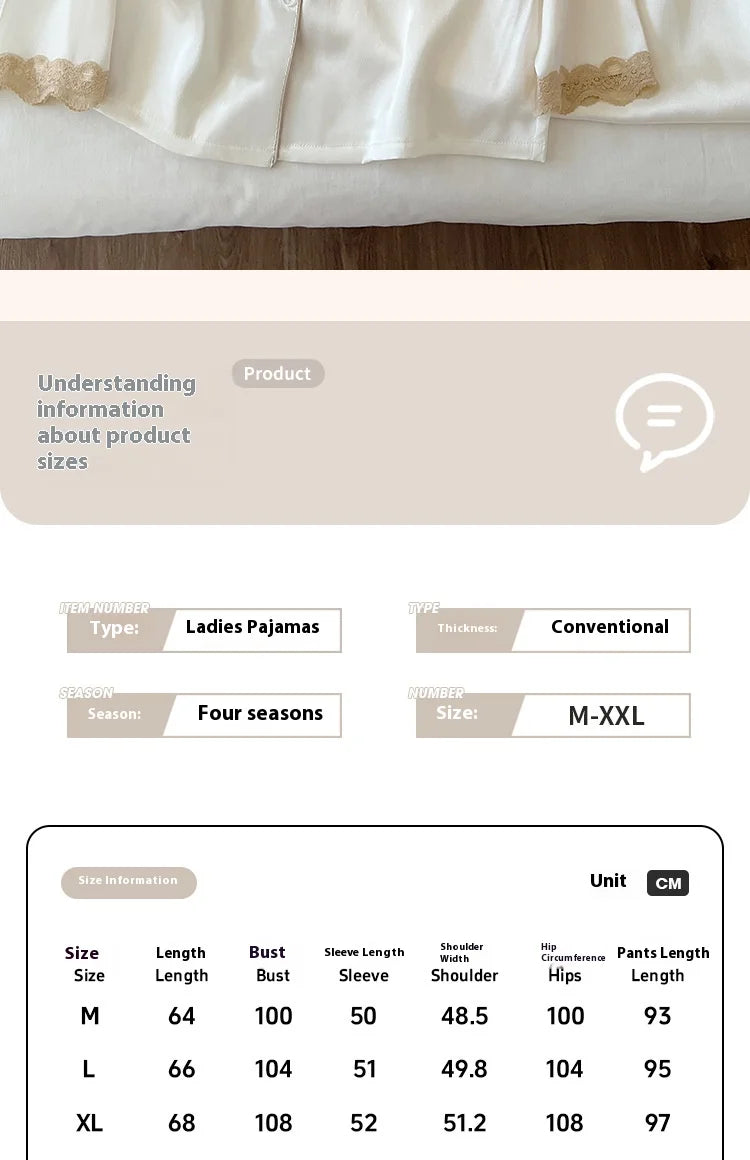 Ensemble de nuisette en glace de soie pour femmes printemps/automne, bordure en dentelle luxueuse, manches longues, léger pour vêtements de maison, photos du produit réel.

Sources