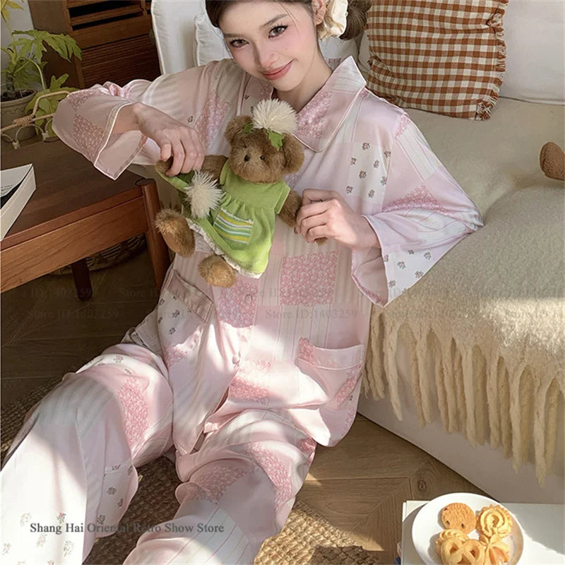 Ensemble de pyjama jacquard en satin soyeux, nuisette avec dentelle pour femmes, pyjama boutonnée, vêtements de nuit casual pour la maison