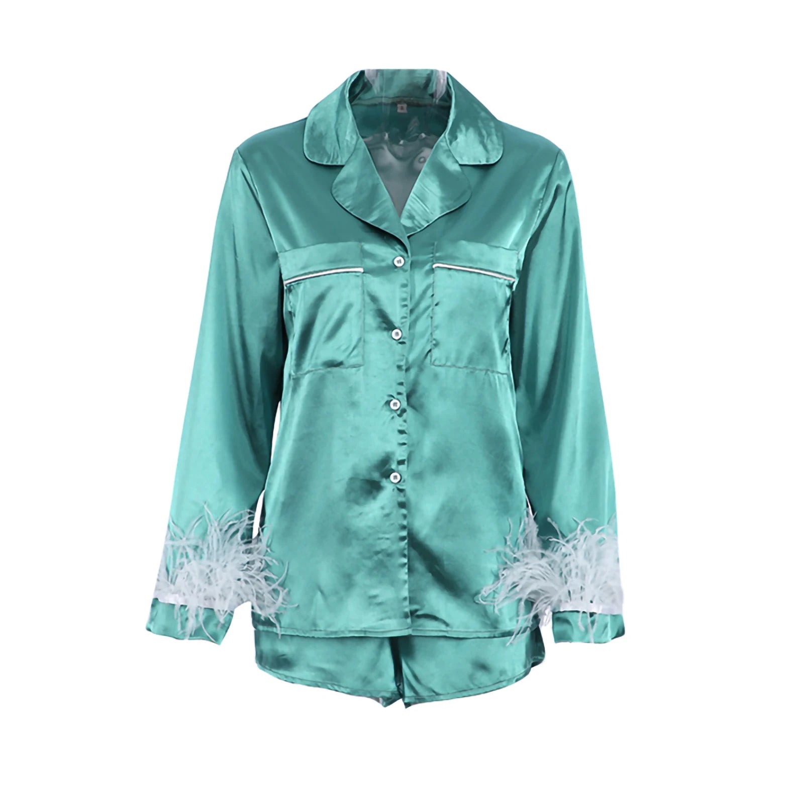 Ensemble de pyjama femme 2 pièces patchwork avec poignets en plumes, couleur unie, chemise boutonnée col chemise manches longues et short ample, tenue lounge décontractée.

Sources