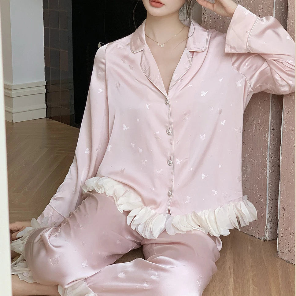 Ensemble de pyjama jacquard en satin soyeux, nuisette avec dentelle pour femmes, pyjama boutonnée, vêtements de nuit casual pour la maison
