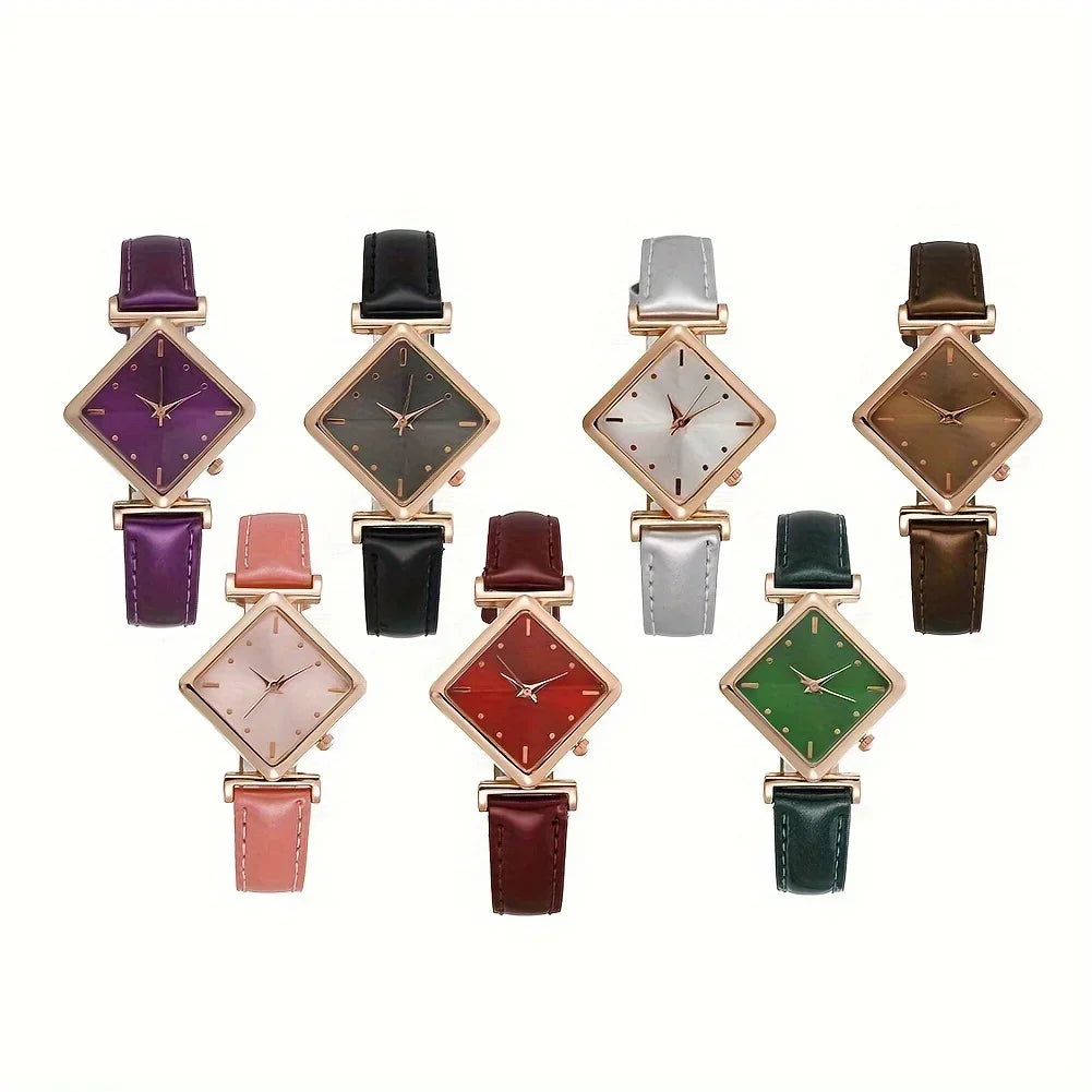 Montre femme élégante à aiguilles losange, quartz analogique rétro-mode, bracelet en cuir PU.