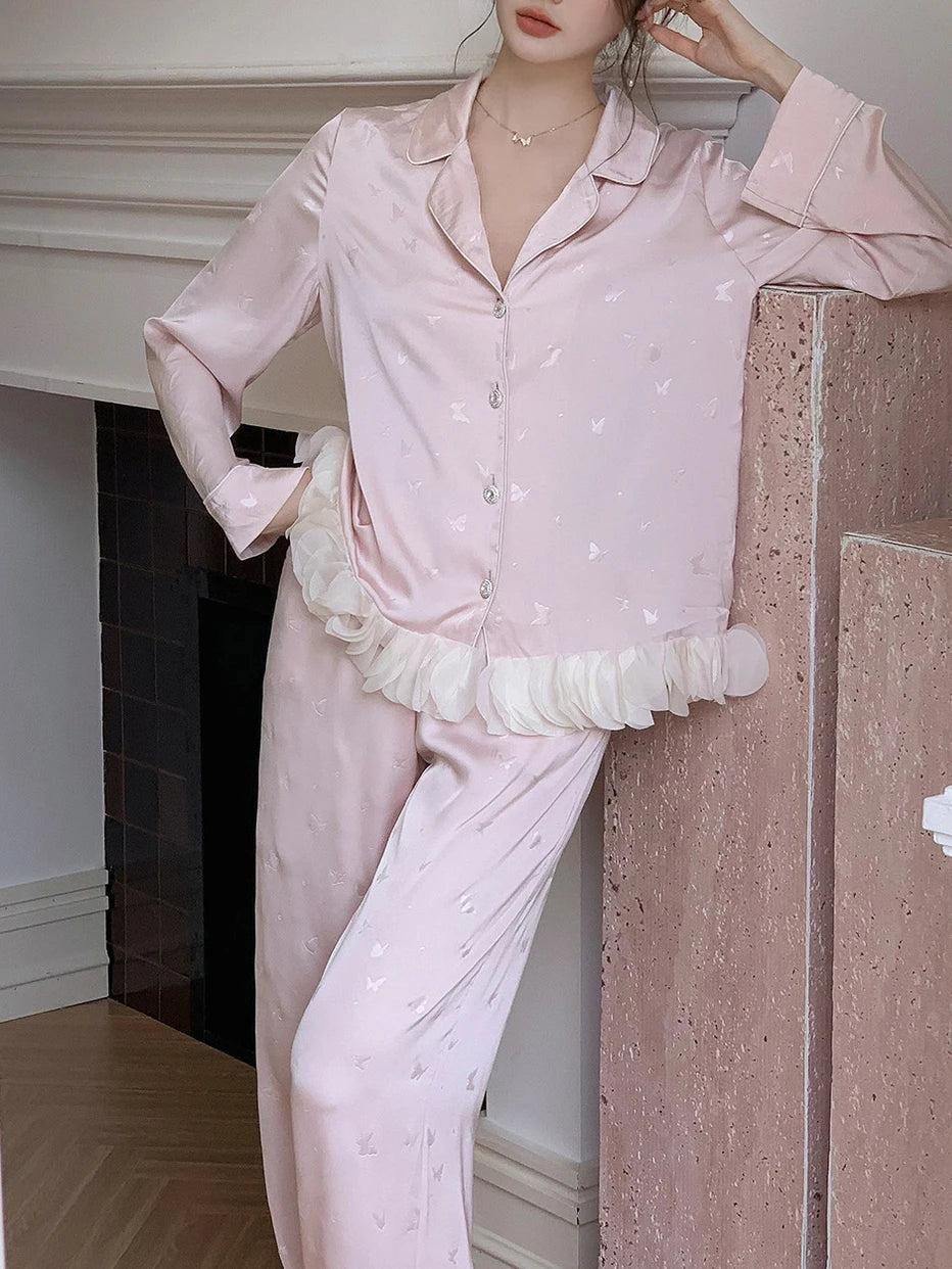 Ensemble de pyjama jacquard en satin soyeux, nuisette avec dentelle pour femmes, pyjama boutonnée, vêtements de nuit casual pour la maison