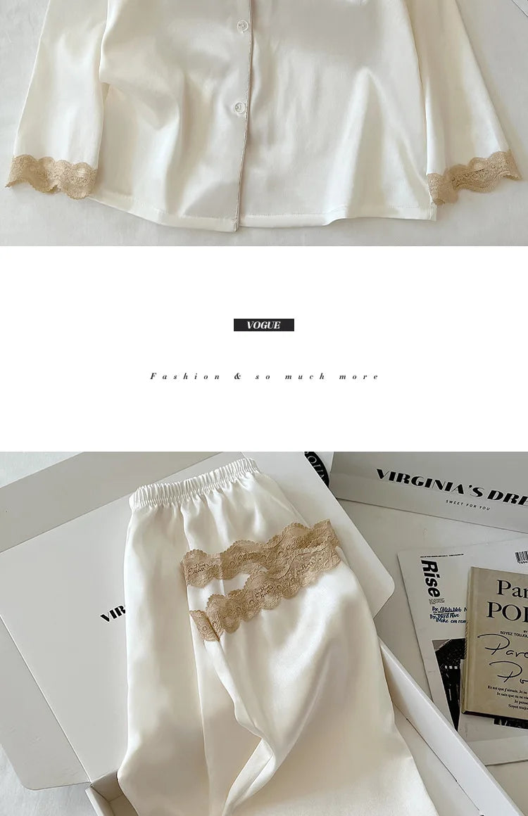 Ensemble de nuisette en glace de soie pour femmes printemps/automne, bordure en dentelle luxueuse, manches longues, léger pour vêtements de maison, photos du produit réel.

Sources