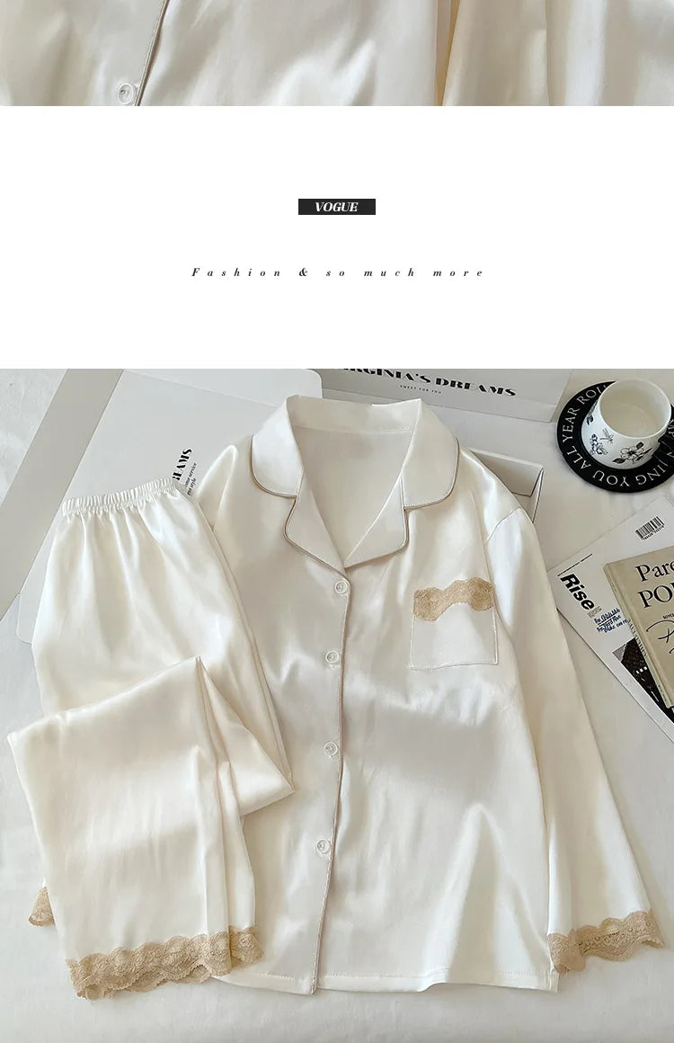 Ensemble de nuisette en glace de soie pour femmes printemps/automne, bordure en dentelle luxueuse, manches longues, léger pour vêtements de maison, photos du produit réel.

Sources