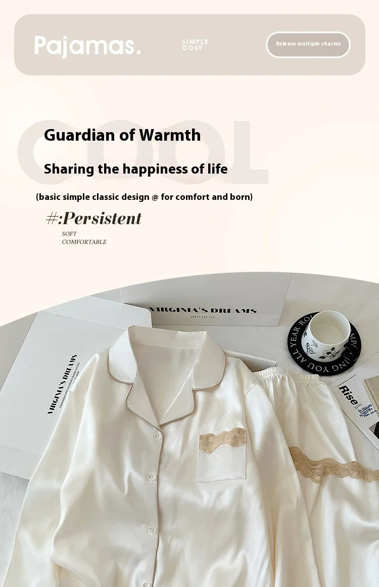 Ensemble de nuisette en glace de soie pour femmes printemps/automne, bordure en dentelle luxueuse, manches longues, léger pour vêtements de maison, photos du produit réel.

Sources