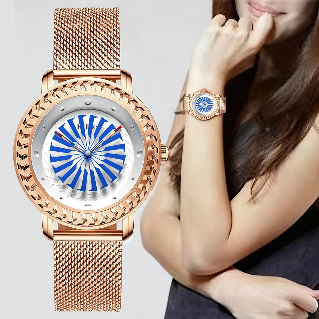 Montre pour femmes au design créatif et mode, avec aiguille des secondes personnalisée en forme d’éolienne, montre quartz décontractée et étanche.