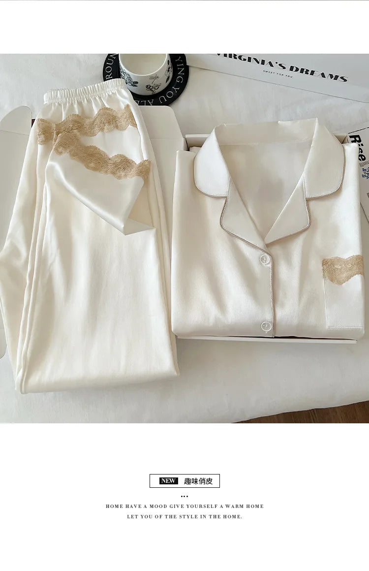 Ensemble de nuisette en glace de soie pour femmes printemps/automne, bordure en dentelle luxueuse, manches longues, léger pour vêtements de maison, photos du produit réel.

Sources